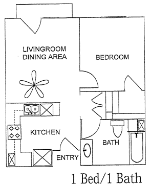 1 Bedroom 1 Bathroom floor plan of Mission Village Senior Apartments